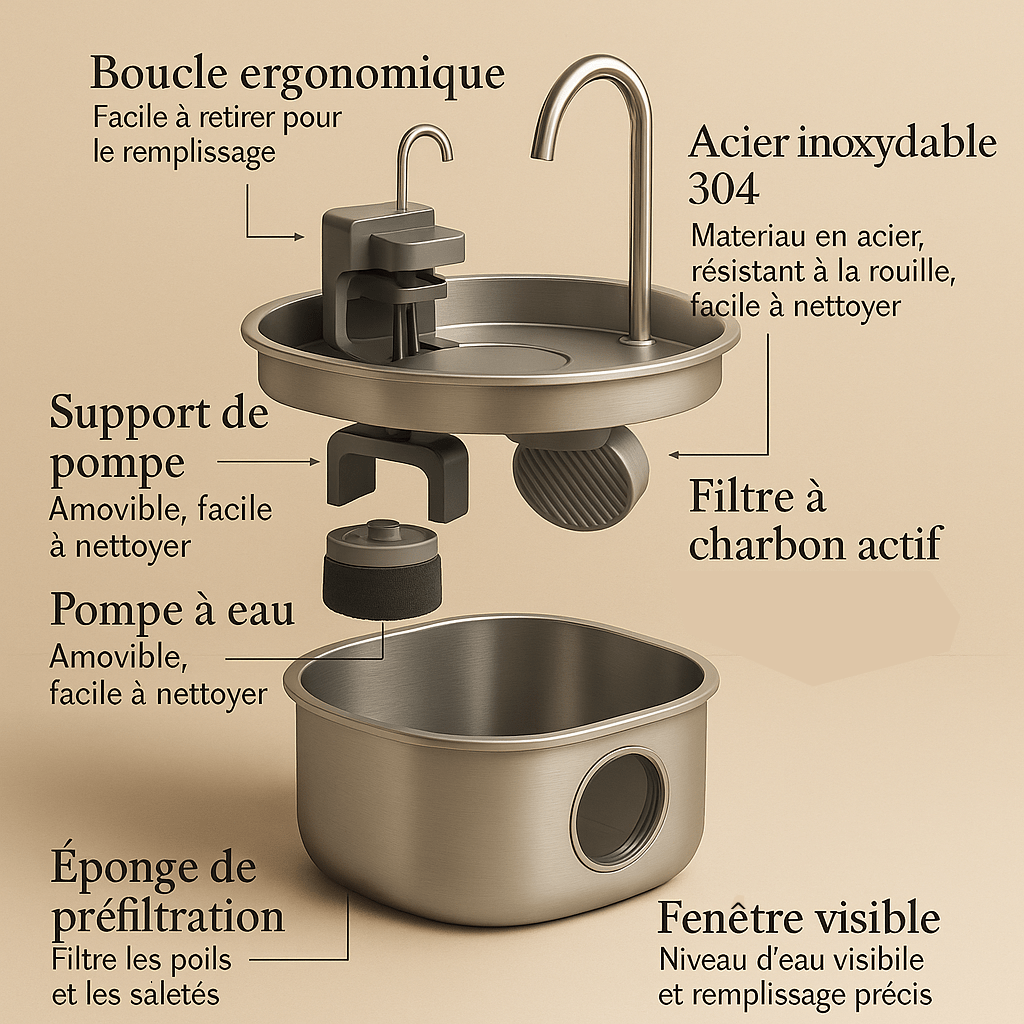 Clairinox™ – Fontaine à eau pour chat 3.2L en acier inoxydable | Ultra silencieuse avec filtre, LED bleue & capteur intelligent | Design premium Felinor - FELINOR