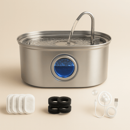 Clairinox™ – Fontaine à eau pour chat 3.2L en acier inoxydable | Ultra silencieuse avec filtre, LED bleue & capteur intelligent | Design premium Felinor - FELINOR