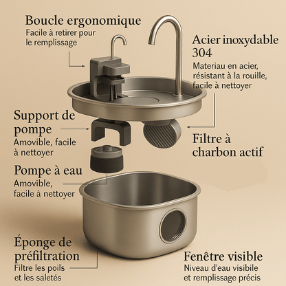 Clairinox™ – Fontaine à eau pour chat 3.2L en acier inoxydable | Ultra silencieuse avec filtre, LED bleue & capteur intelligent | Design premium Felinor - FELINOR